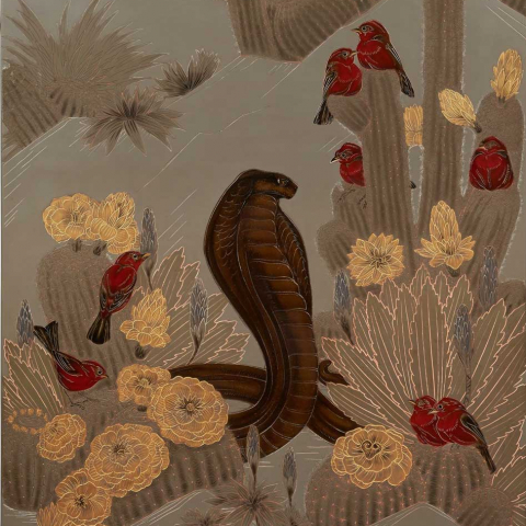 Cobra et Tangaras dans les cactées en fleurs. Vers 1935.